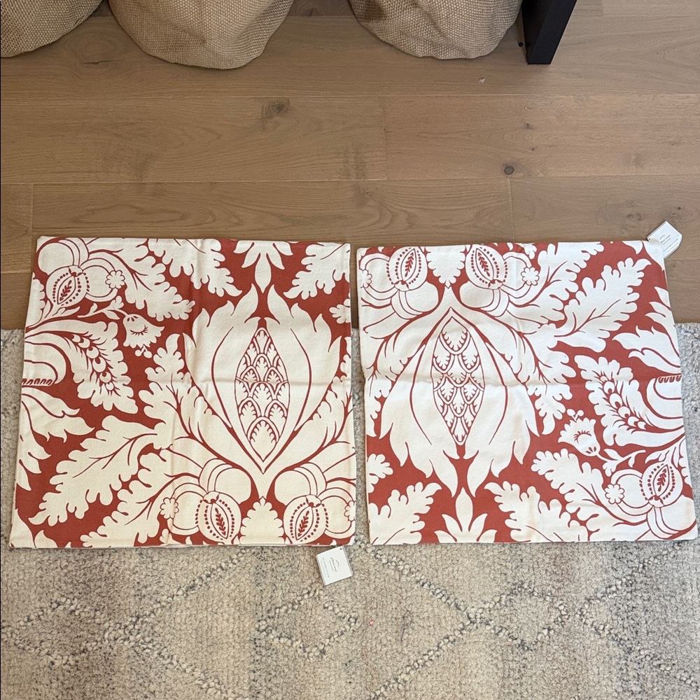Pair or Pottery Barn Coral and Cream 24”x24” Pillow Covers floral abstract NWT